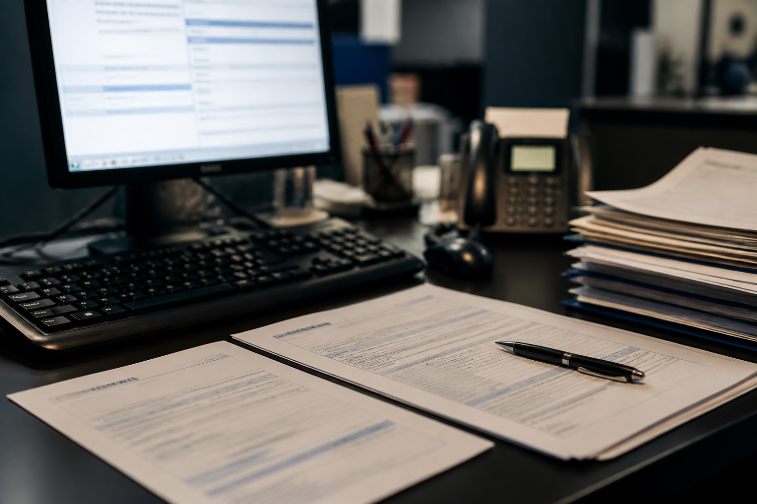 A customs declaration open on a monitor at an office desk, with an invoice and packing list laid squared beside the keyboard and a hand resting at the edge of the papers.