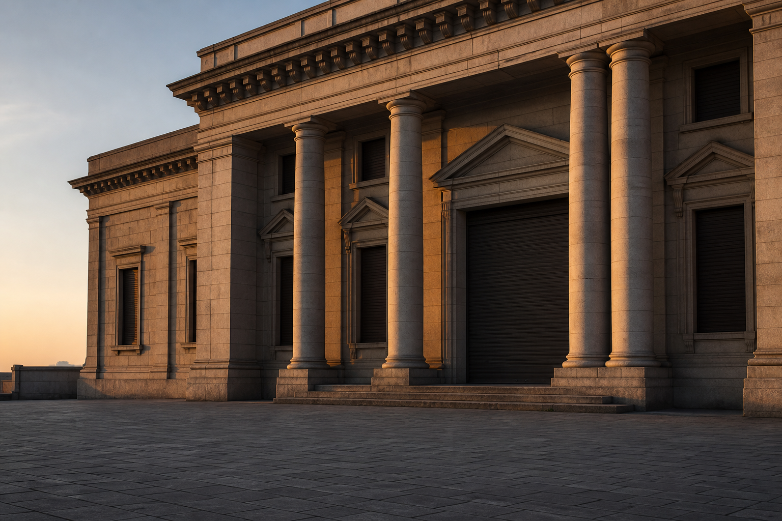 A customs house facade in low morning light, its shuttered entrance still closed, with an empty forecourt in front of it.